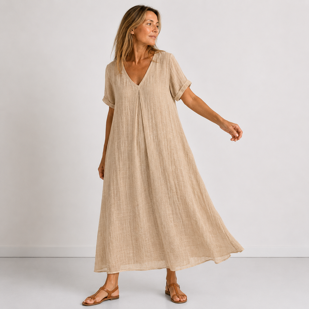 Julessa | Vestido Maxi Manga Corta Cuello V