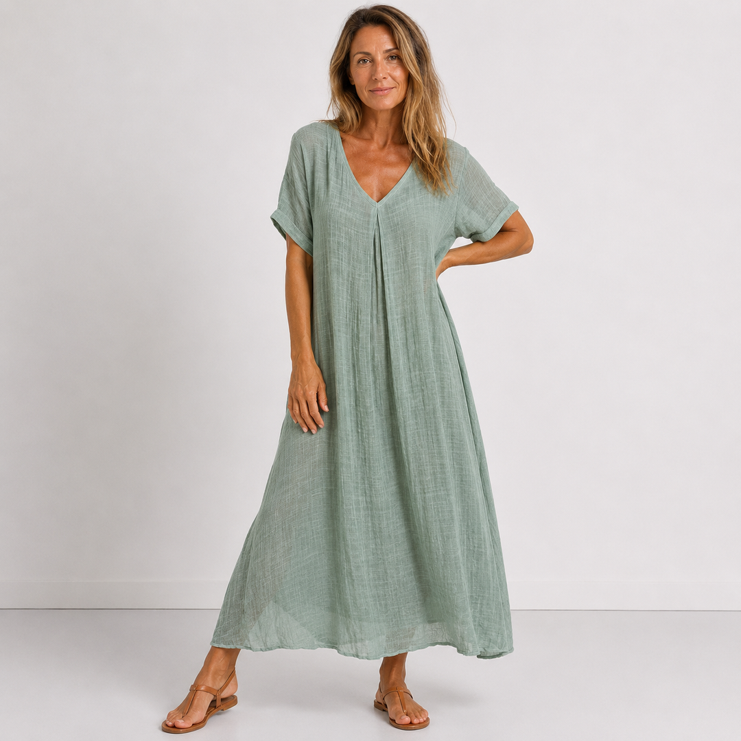 Julessa | Vestido Maxi Manga Corta Cuello V