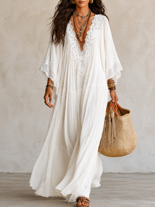 Shimmila | Vestido Largo Con Cuello en V Y Ribete De Encaje Blanco