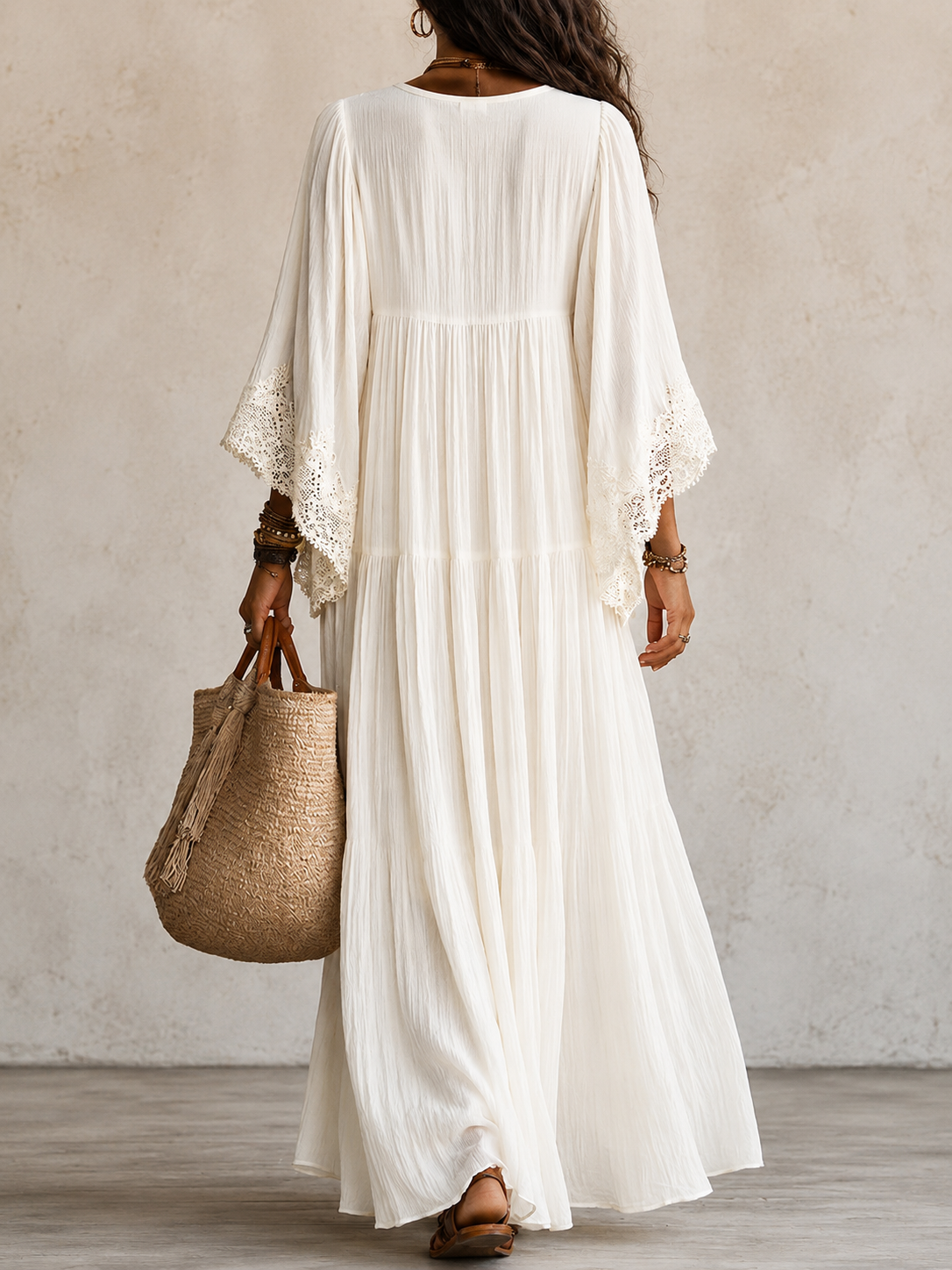 Shimmila | Vestido Largo Con Cuello en V Y Ribete De Encaje Blanco