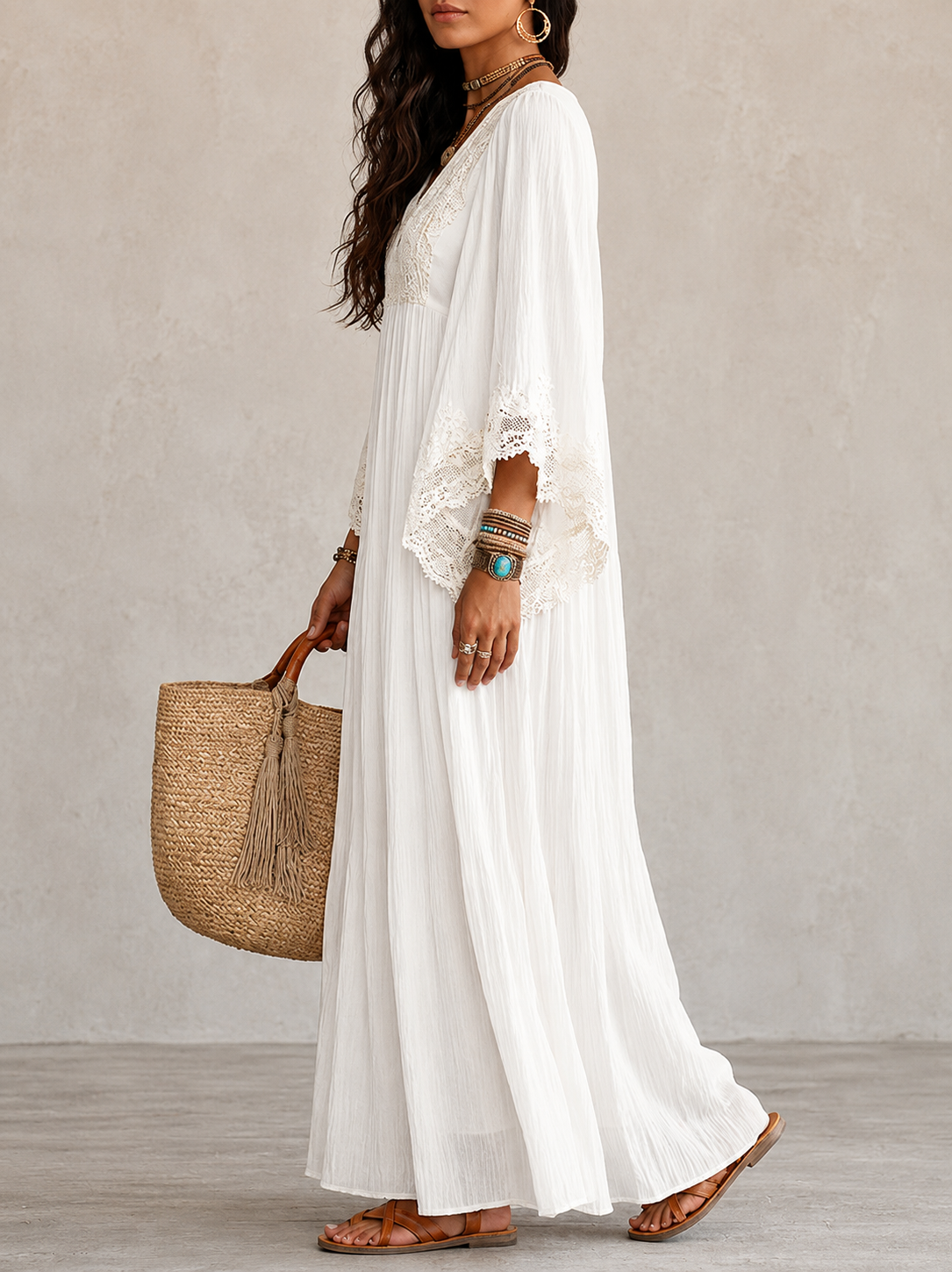 Shimmila | Vestido Largo Con Cuello en V Y Ribete De Encaje Blanco