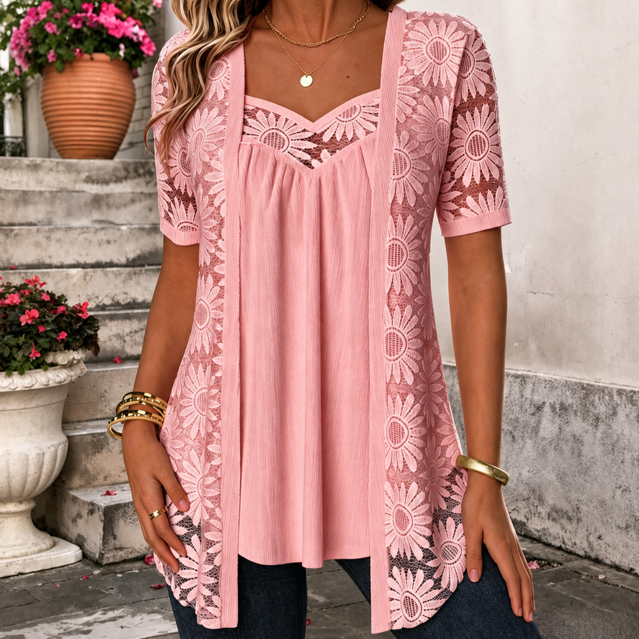 Yahaira | Blusa Túnica De Encaje De Manga Corta Con Efecto De Capas