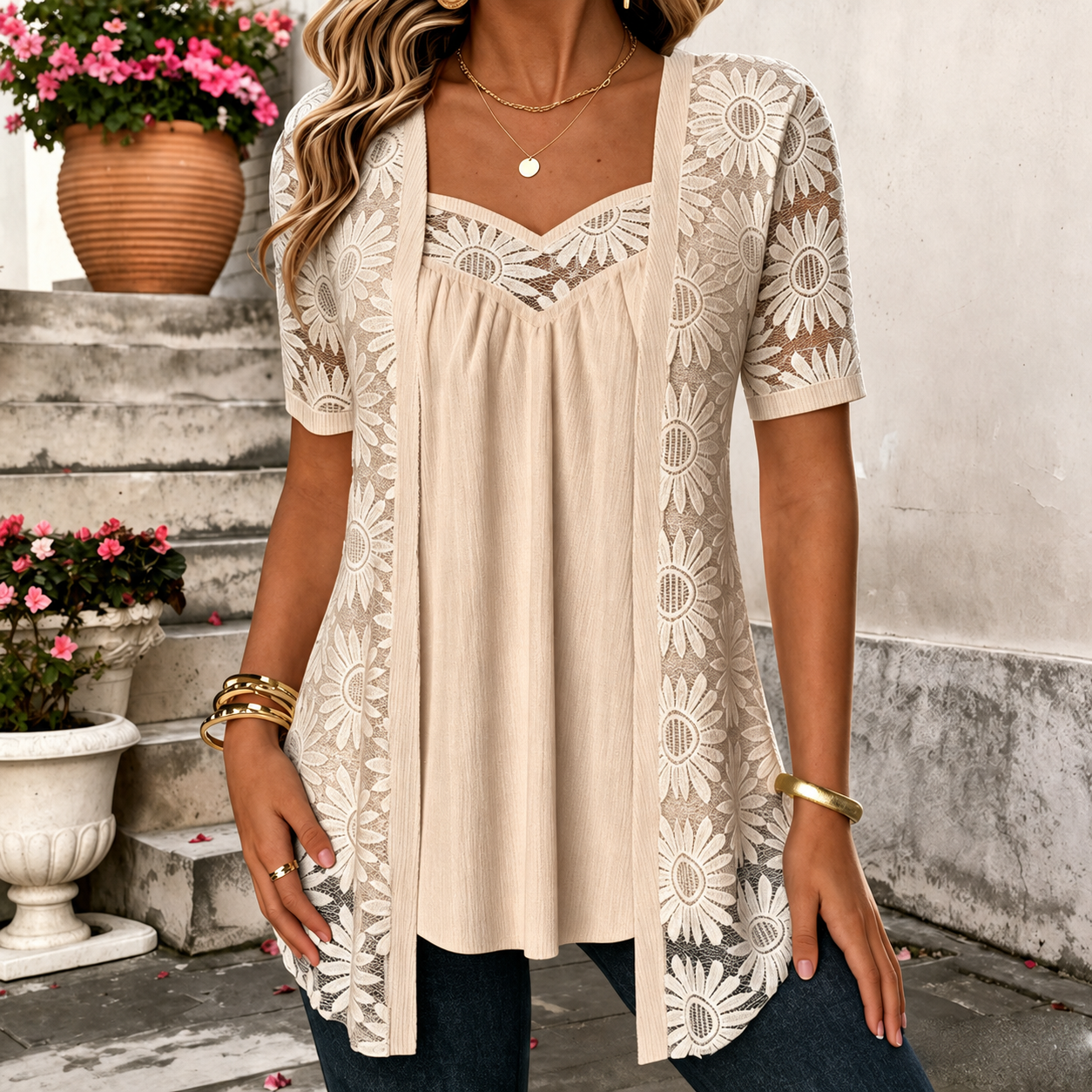 Yahaira | Blusa Túnica De Encaje De Manga Corta Con Efecto De Capas