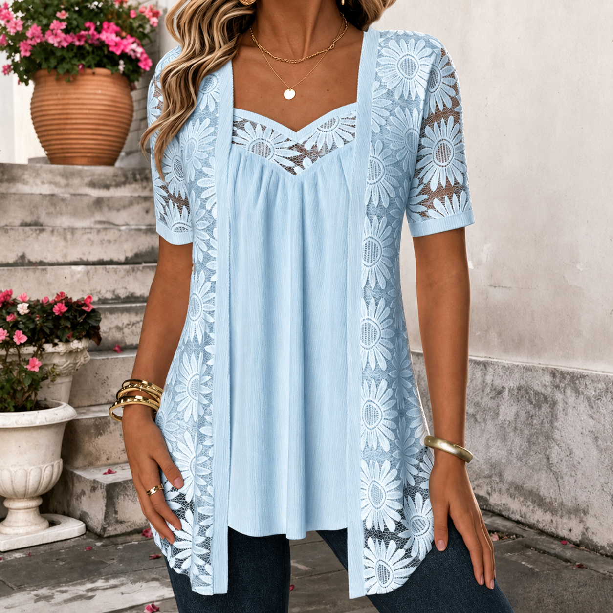 Yahaira | Blusa Túnica De Encaje De Manga Corta Con Efecto De Capas