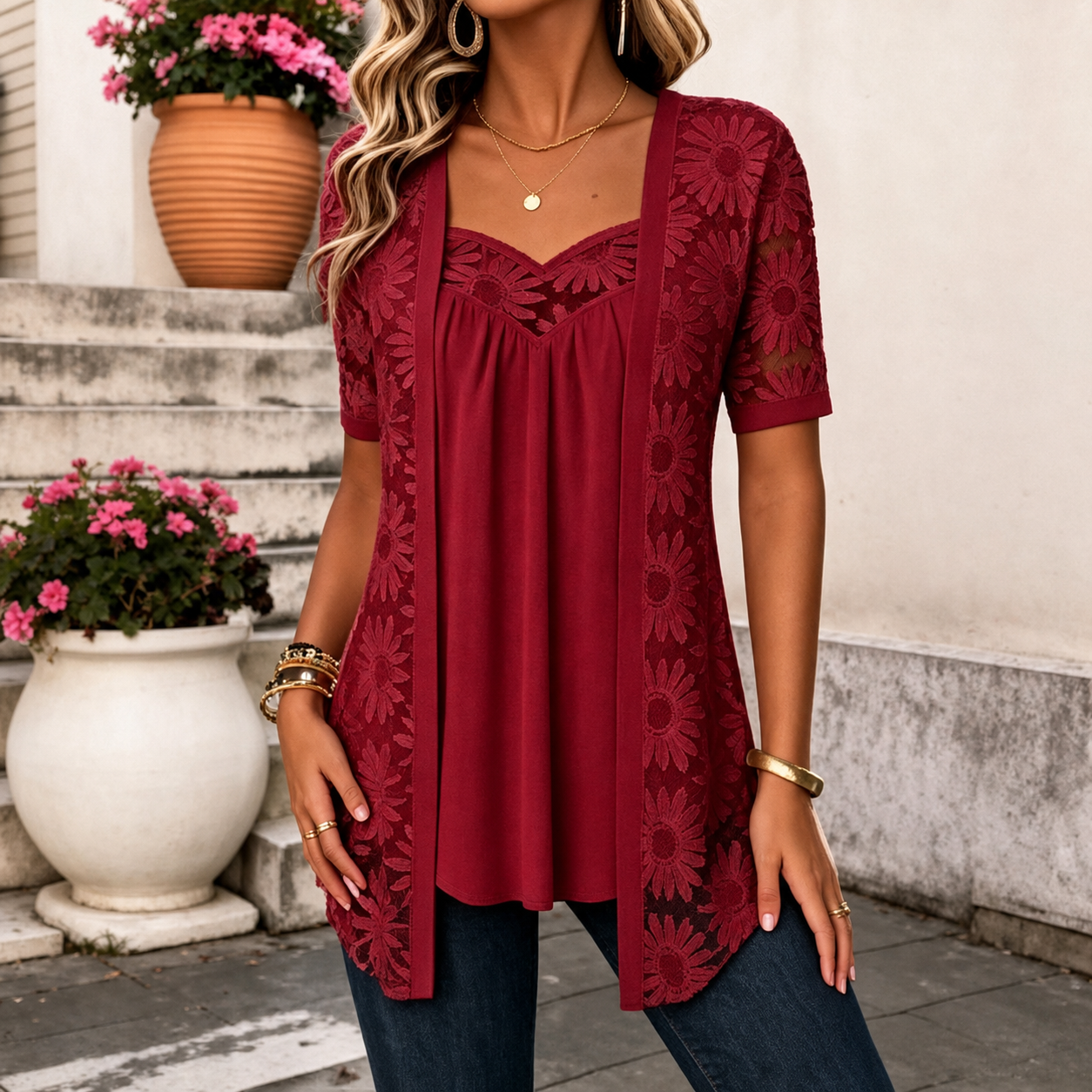 Yahaira | Blusa Túnica De Encaje De Manga Corta Con Efecto De Capas