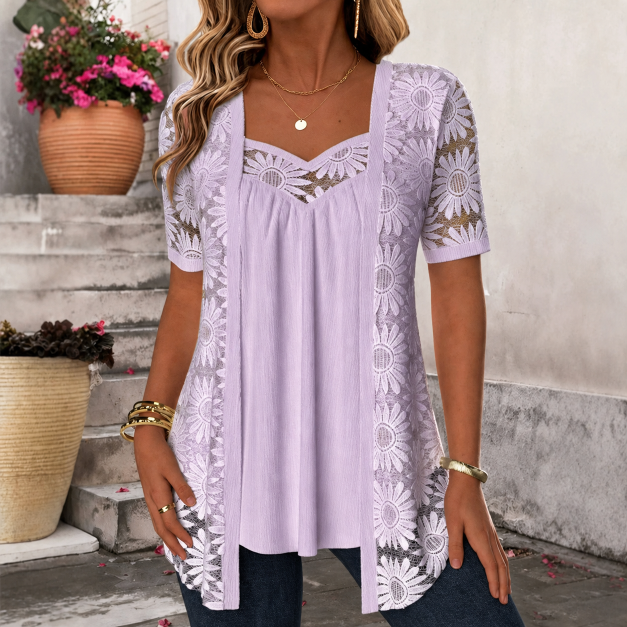 Yahaira | Blusa Túnica De Encaje De Manga Corta Con Efecto De Capas