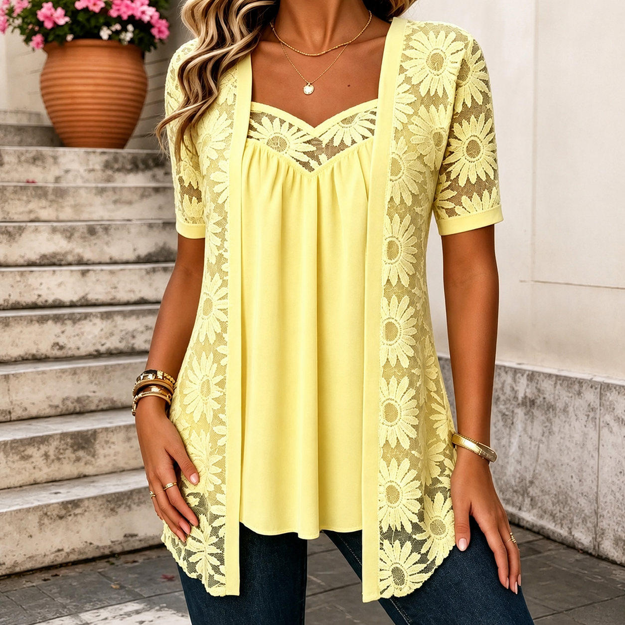 Yahaira | Blusa Túnica De Encaje De Manga Corta Con Efecto De Capas