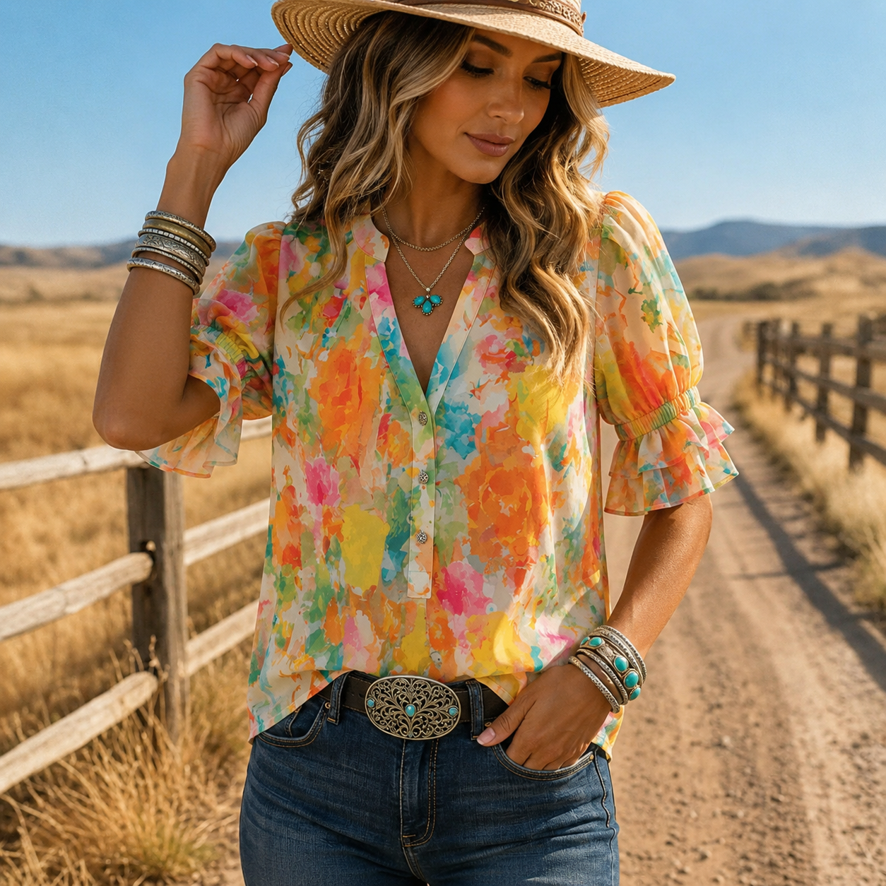 Suda | Blusa Floral De Manga Corta Y Cuello en V