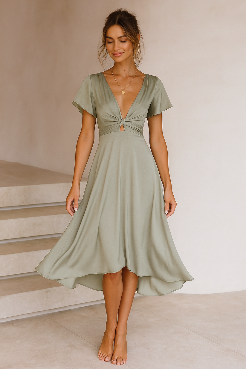 Yesha | Vestido Midi Escote Profundo Manga Volante