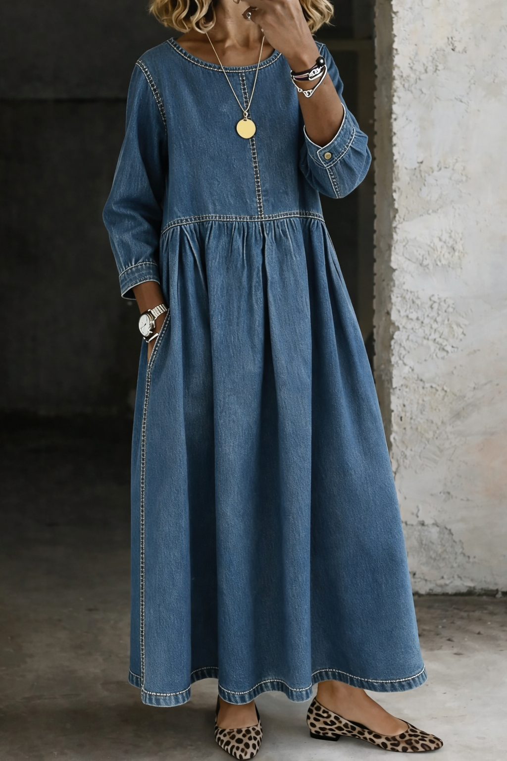 Stelzer | Vestido Largo Estilo Vaquero, De Manga Larga Y Cuello Redondo