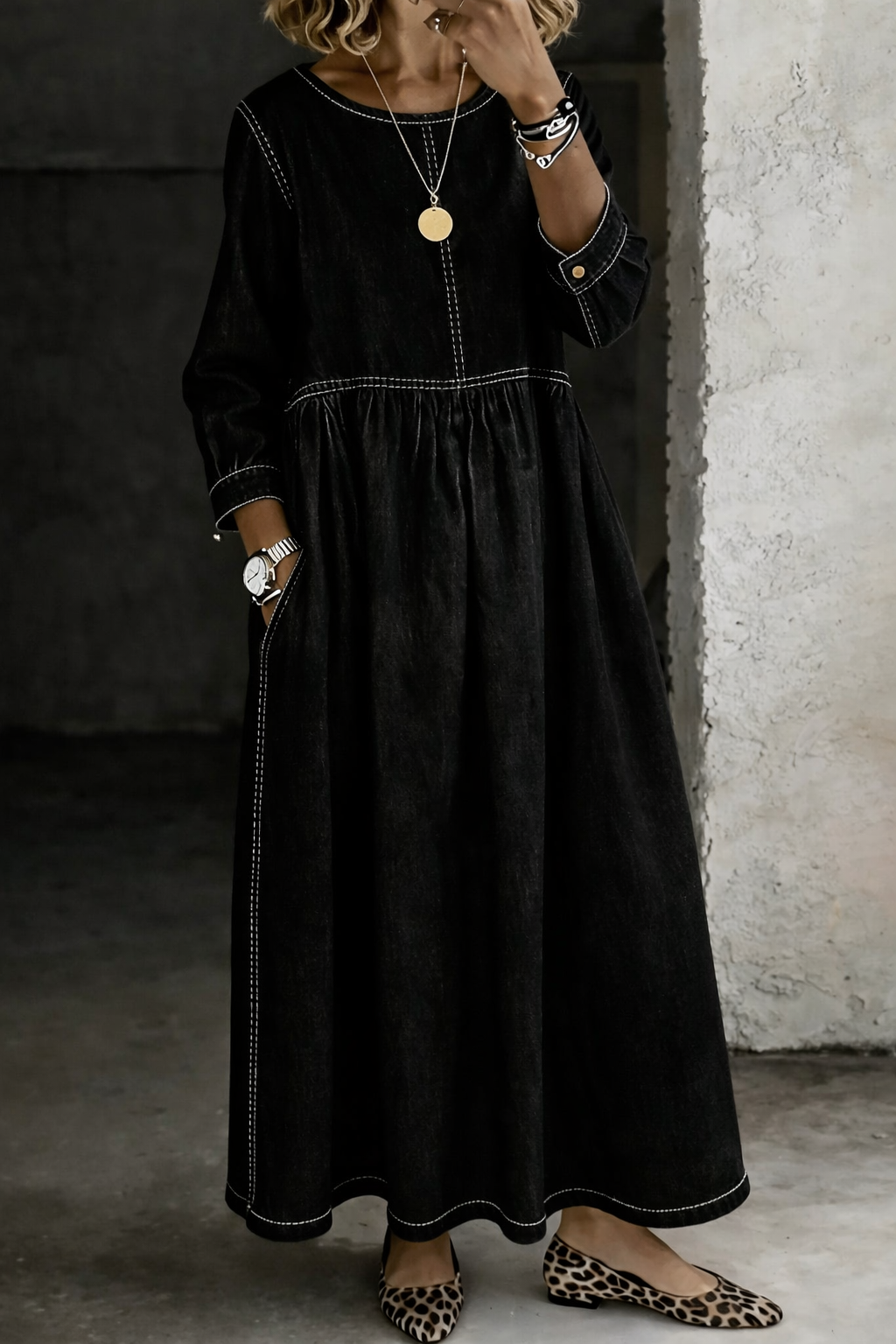 Stelzer | Vestido Largo Estilo Vaquero, De Manga Larga Y Cuello Redondo