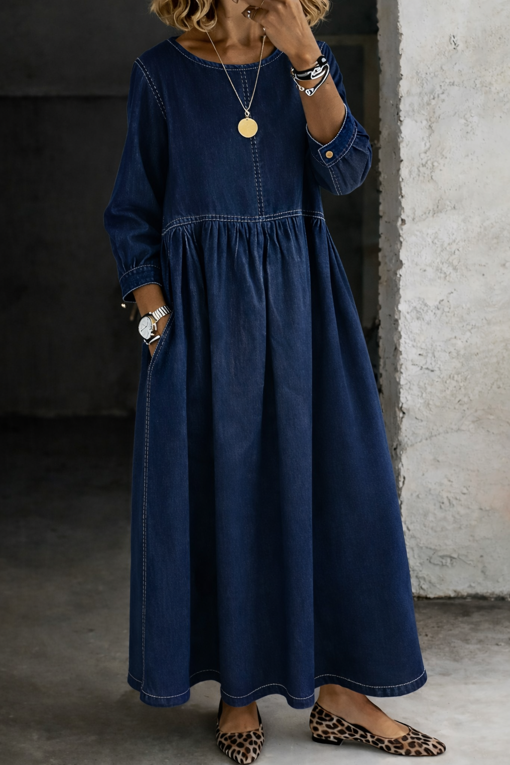 Stelzer | Vestido Largo Estilo Vaquero, De Manga Larga Y Cuello Redondo