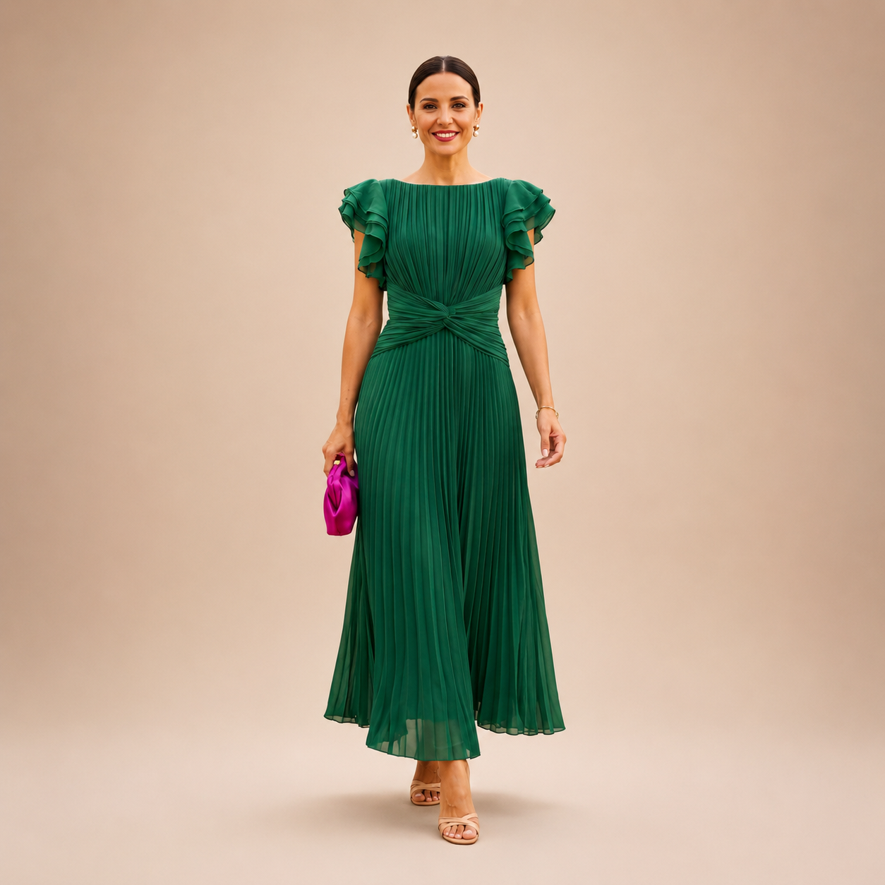 Linyza | Vestido Largo Con Pliegues Y Mangas Onduladas