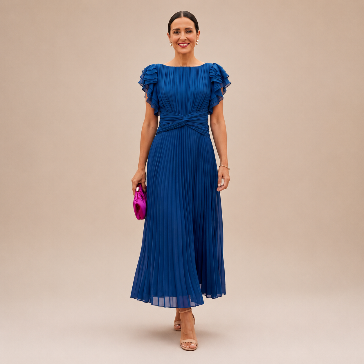 Linyza | Vestido Largo Con Pliegues Y Mangas Onduladas