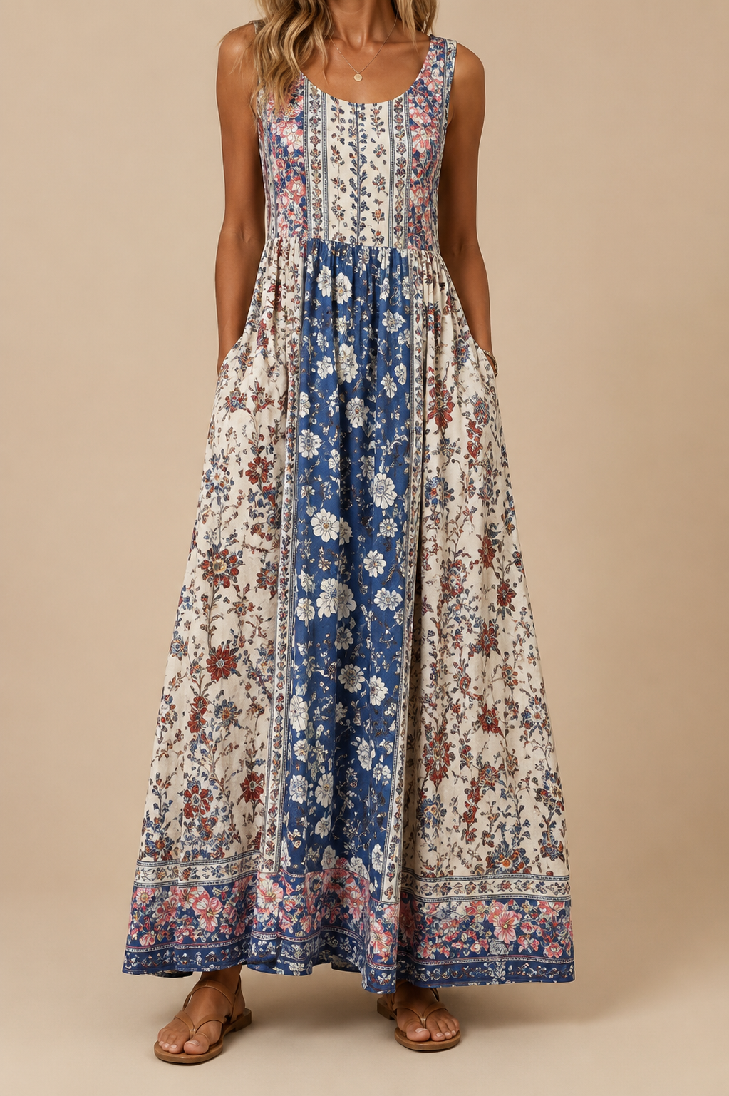 Raqual | Vestido Largo Sin Mangas Con Estampado Floral y Bolsillos