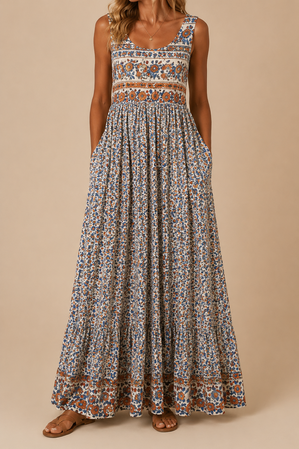 Raqual | Vestido Largo Sin Mangas Con Estampado Floral y Bolsillos