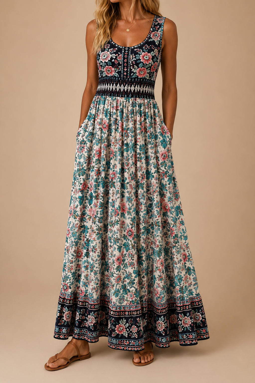 Raqual | Vestido Largo Sin Mangas Con Estampado Floral y Bolsillos