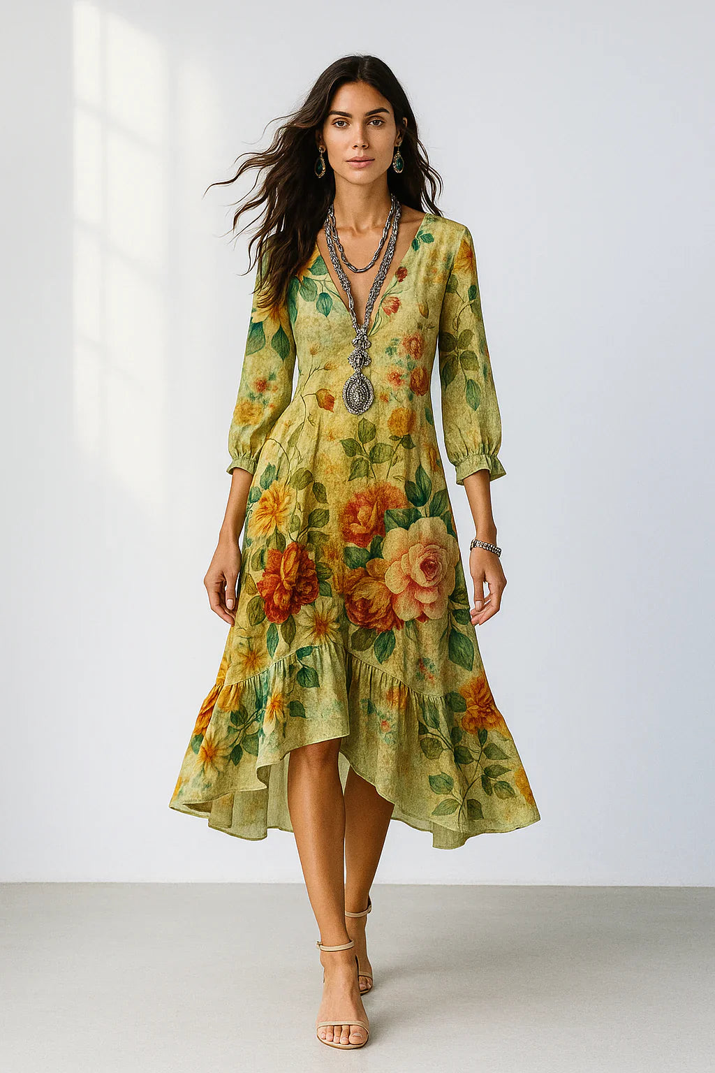 Debra | Vestido MIDI Asimétrico Con Cuello en V Y Estampado Floral