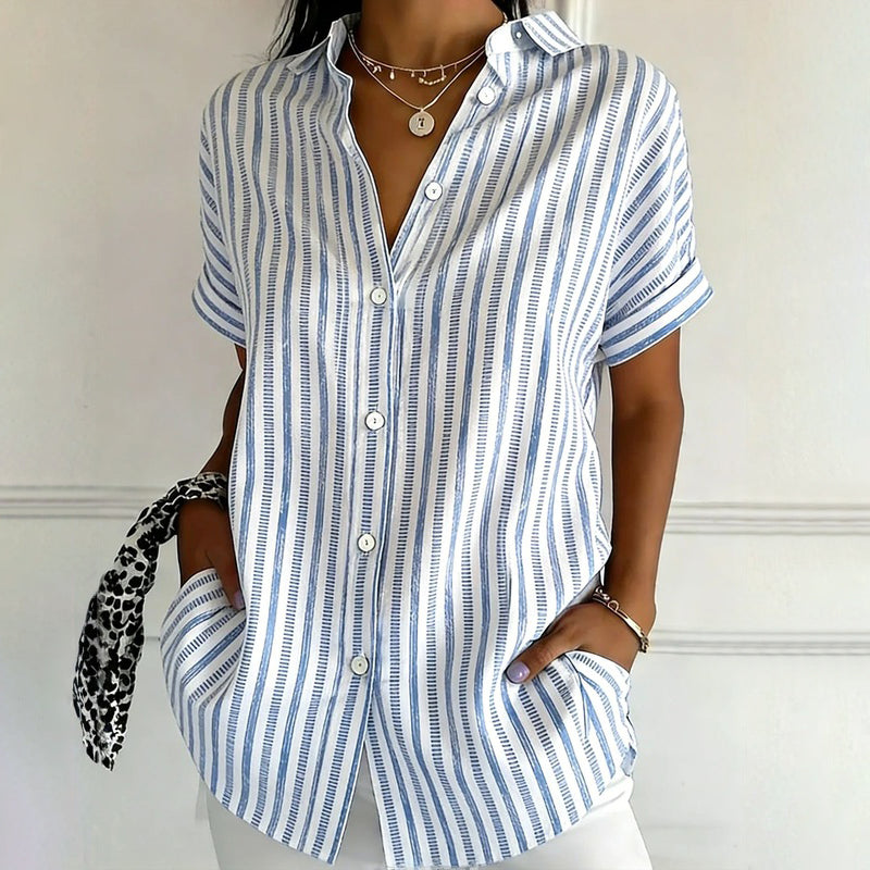 Alishia - Blusa de Manga Corta a Rayas Con Botones en la Parte Delantera