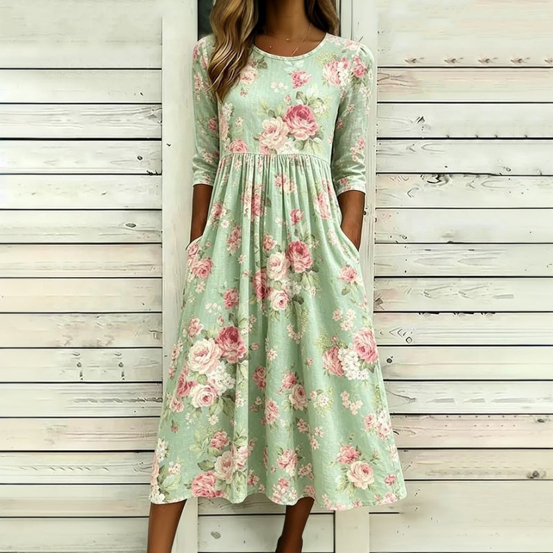 Liniza | Vestido Midi Con Estampado Floral y Mangas Tres Cuartos