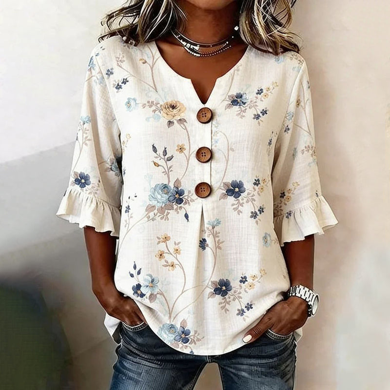 Kulap | Blusa Floral Con Escote Muesca y Volantes
