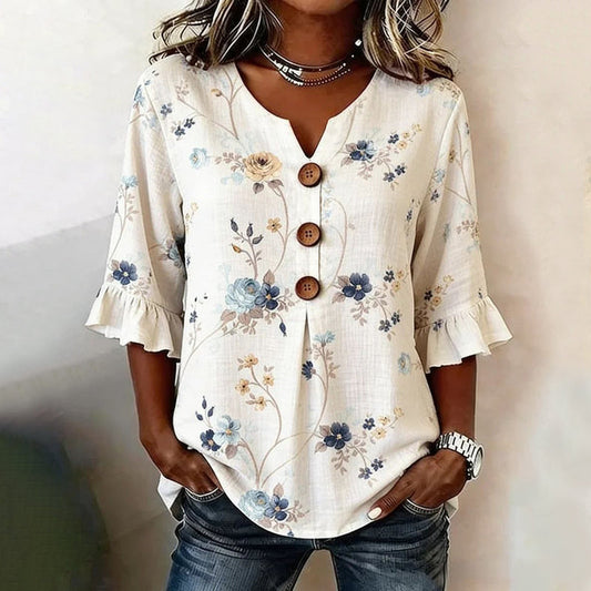 Kulap | Blusa Floral Con Escote Muesca y Volantes