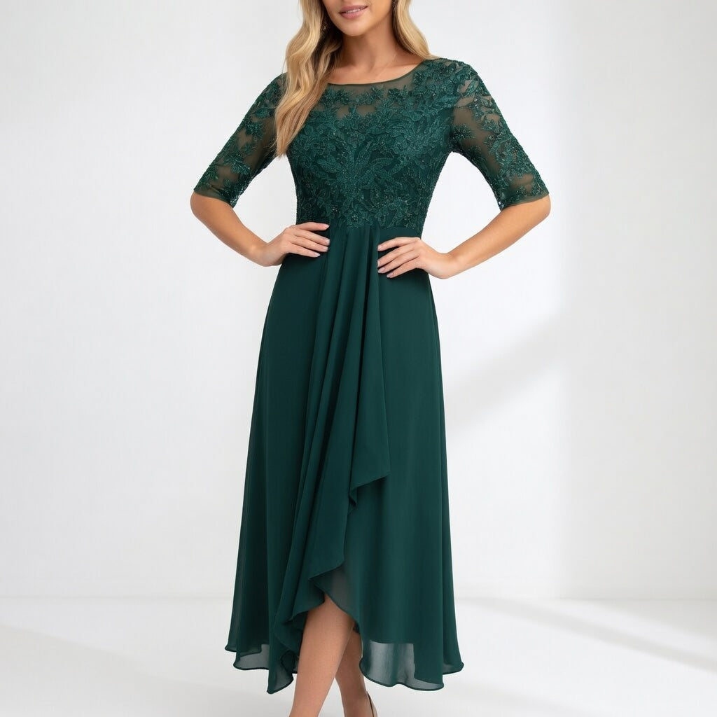 Zerda - Vestido Midi Con Corpiño de Encaje y Manga Media