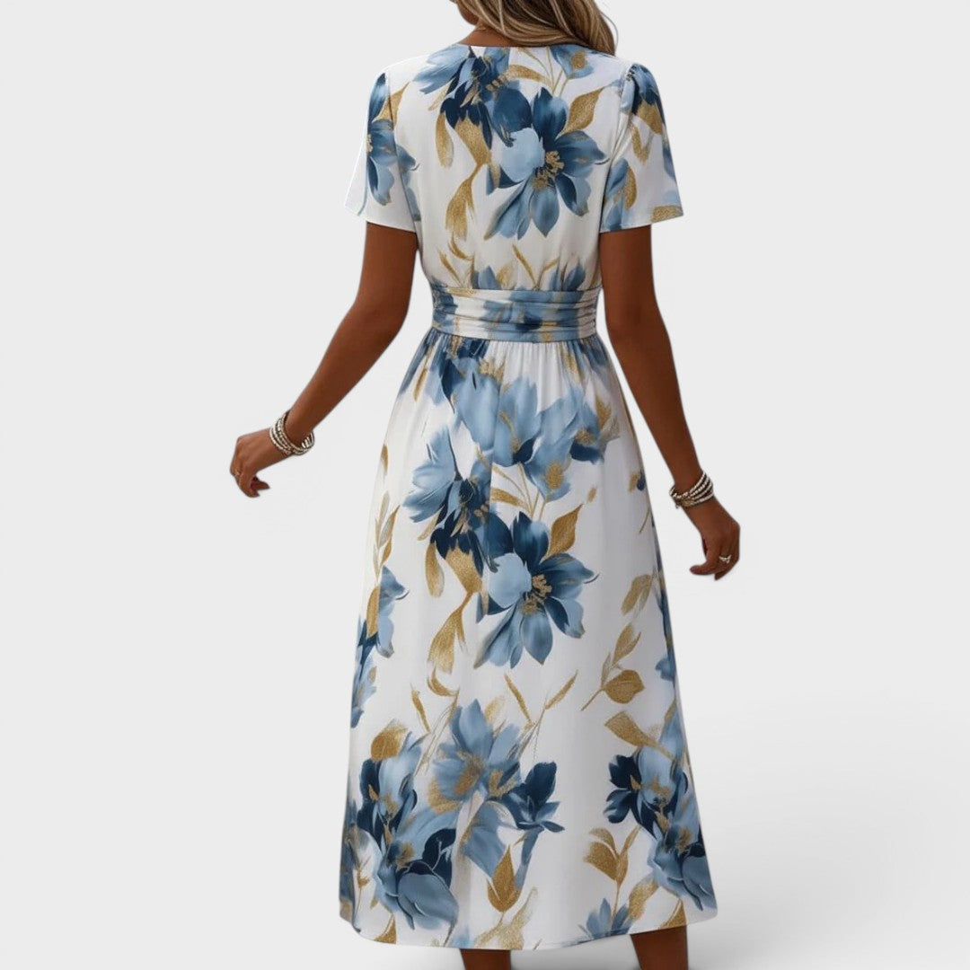 Elinza | Vestido MIDI De Manga Corta Con Cuello en V Y Estampado Floral