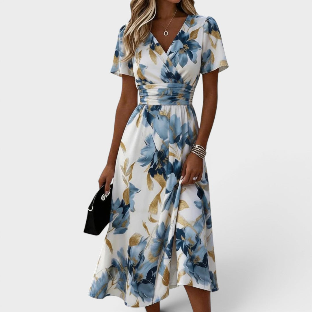 Elinza | Vestido MIDI De Manga Corta Con Cuello en V Y Estampado Floral