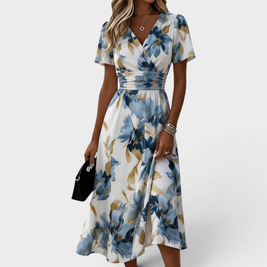 Elinza | Vestido MIDI De Manga Corta Con Cuello en V Y Estampado Floral