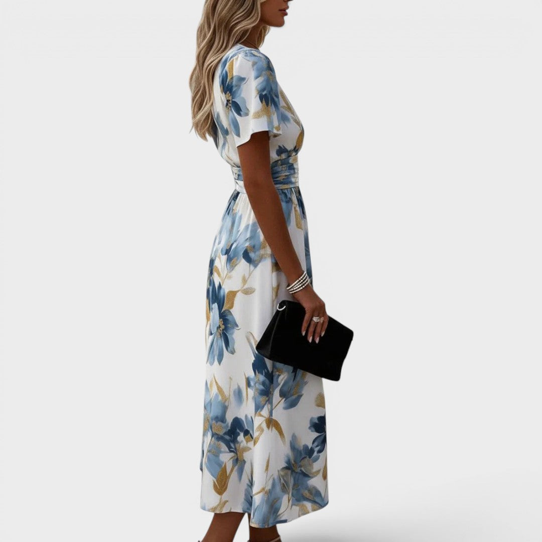 Elinza | Vestido MIDI De Manga Corta Con Cuello en V Y Estampado Floral