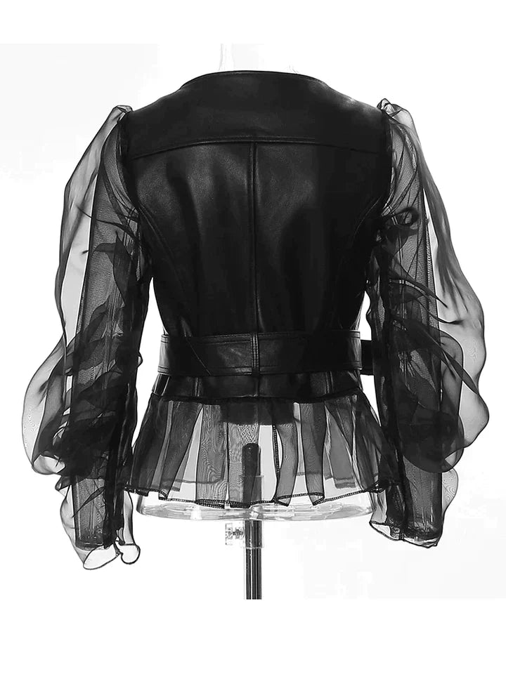 Sharnah | Chaqueta Negra Con Efecto Piel Y Mangas De Malla