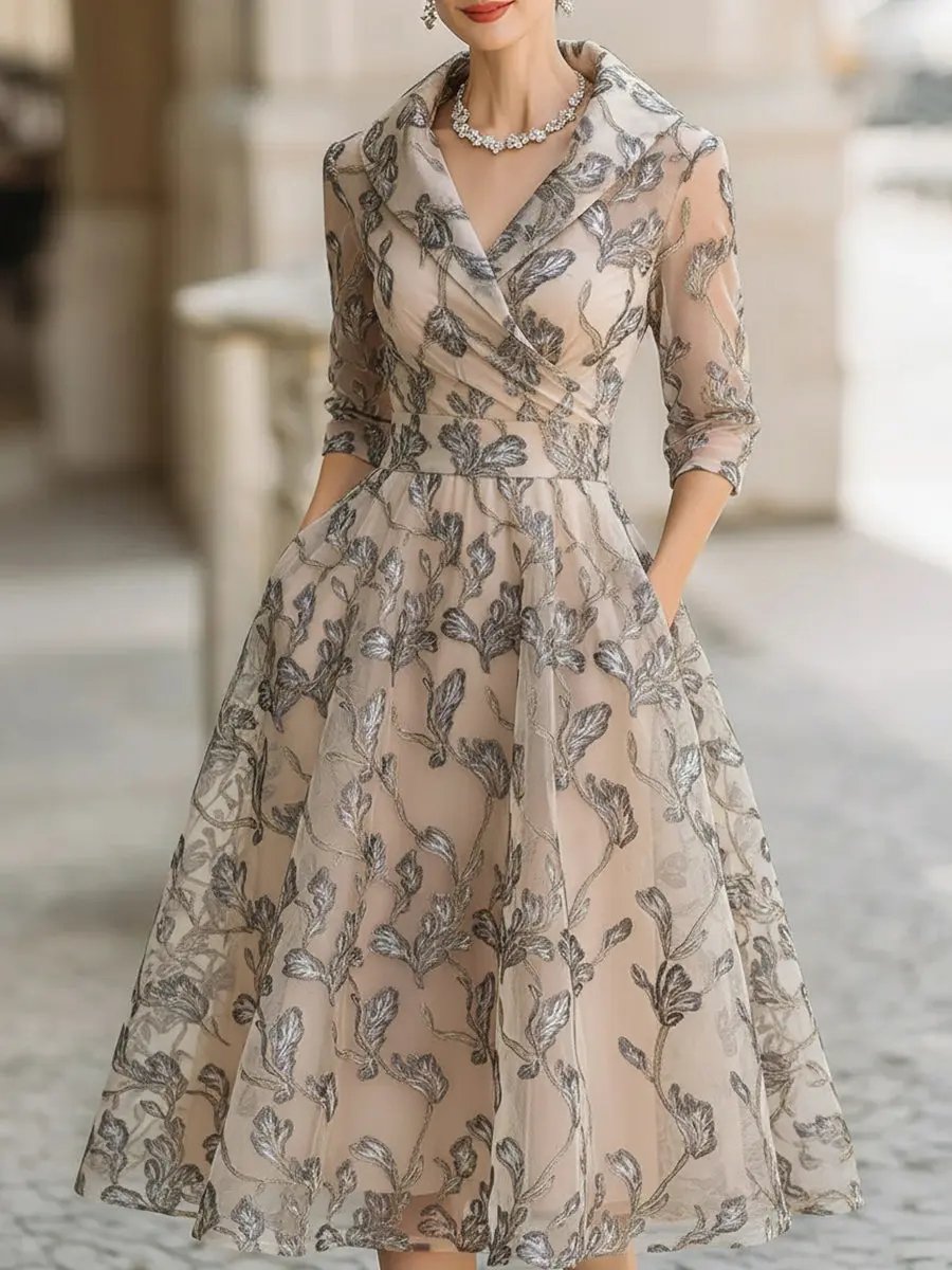 Lyanni - Vestido MIDI Cruzado De Malla Con Hojas Bordadas Y Mangas Transparentes