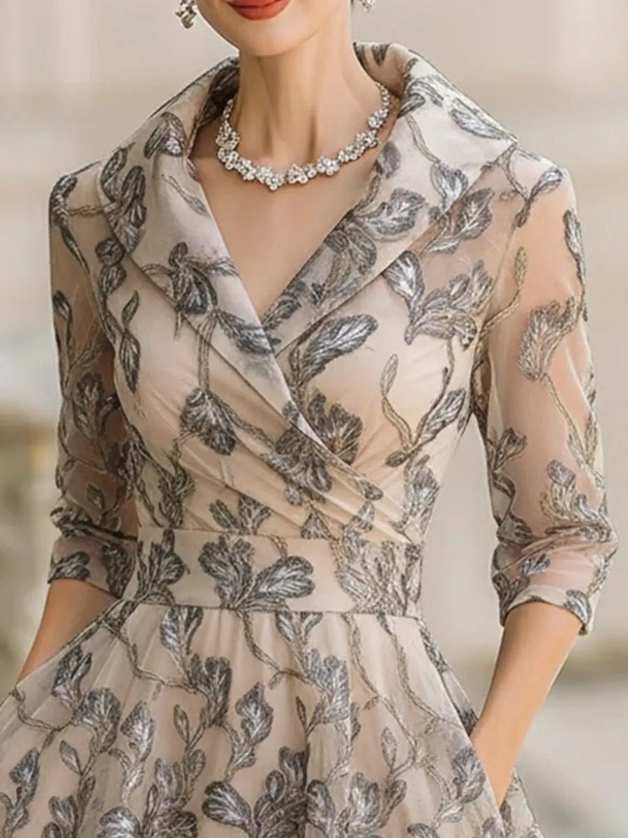 Lyanni - Vestido MIDI Cruzado De Malla Con Hojas Bordadas Y Mangas Transparentes