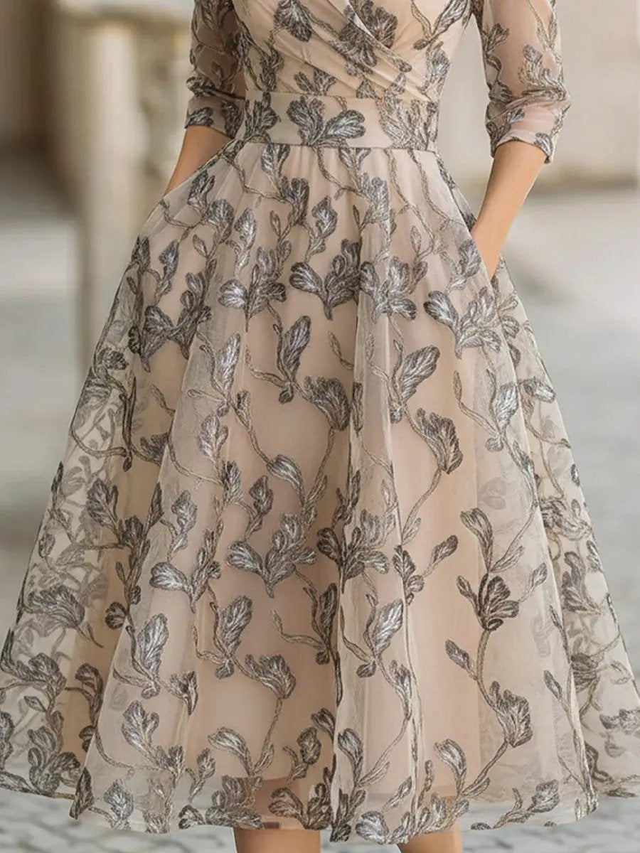 Lyanni - Vestido MIDI Cruzado De Malla Con Hojas Bordadas Y Mangas Transparentes