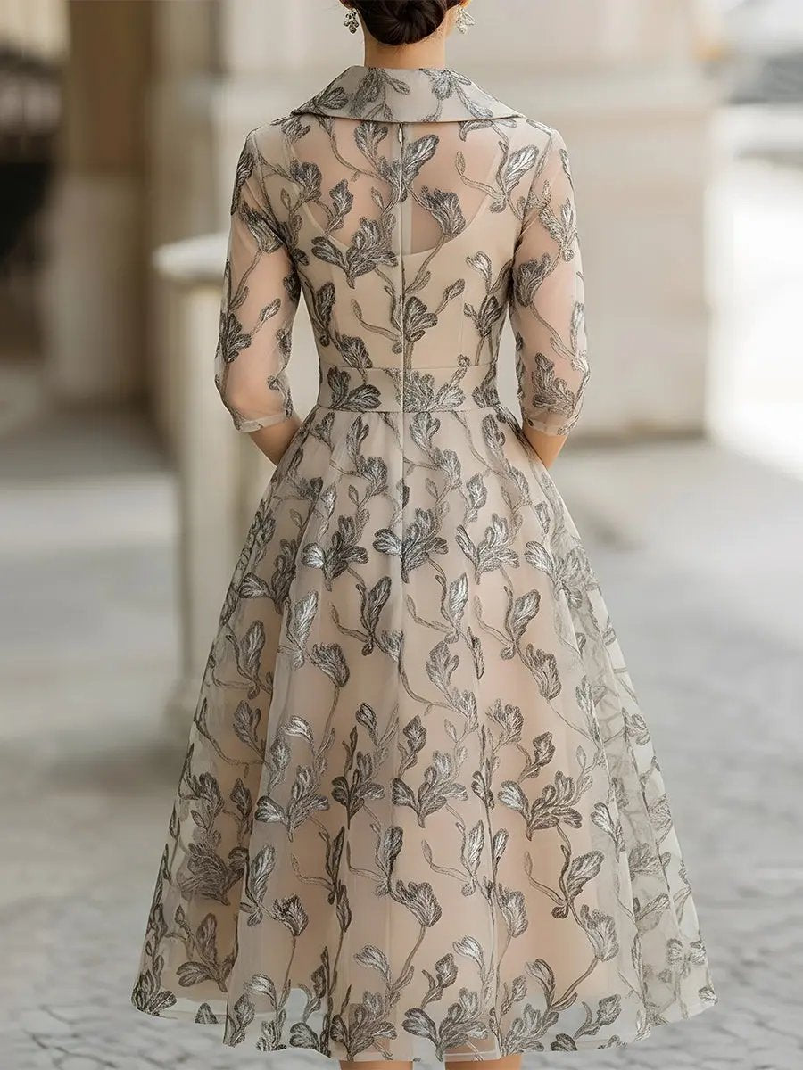 Lyanni - Vestido MIDI Cruzado De Malla Con Hojas Bordadas Y Mangas Transparentes