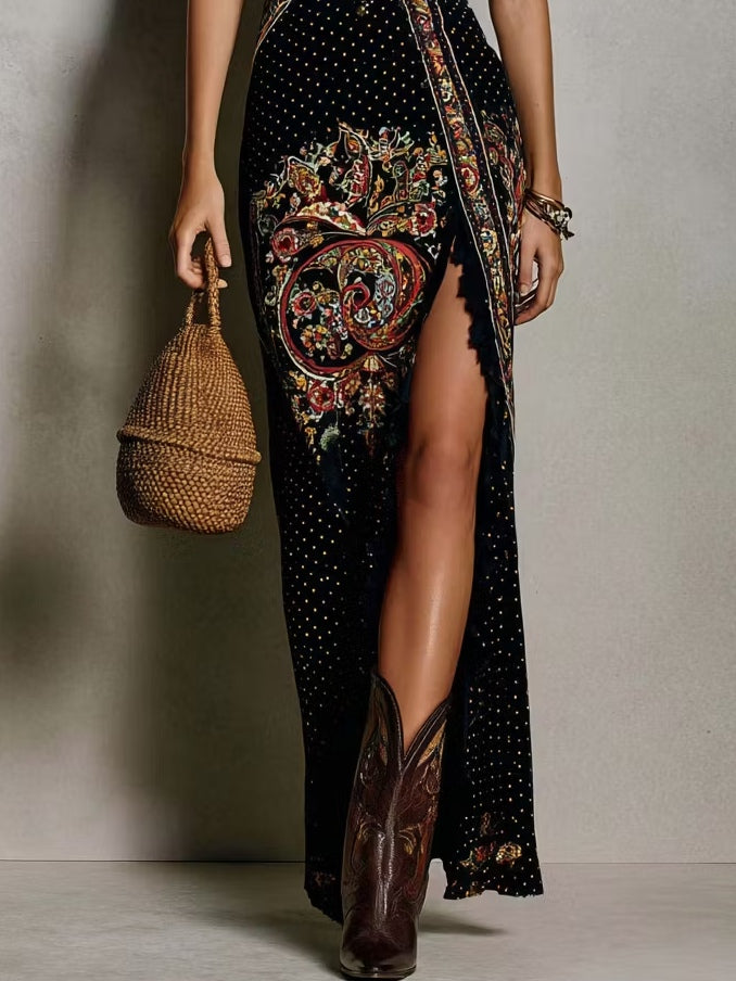 Cevina | Vestido Largo Negro Sin Mangas Con Estampado De Paisley