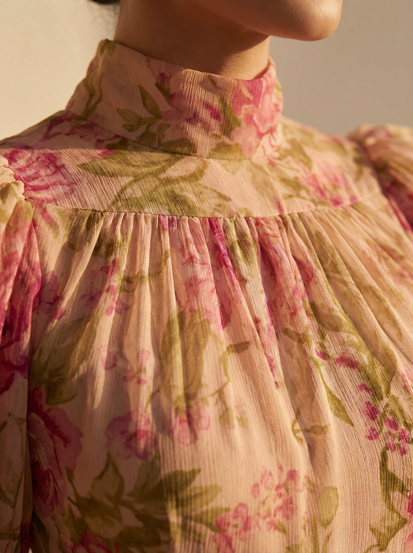 Rimina - Vestido Midi Floral de Cuello Alto y Mangas Abullonadas Con Bajo Con Volantes