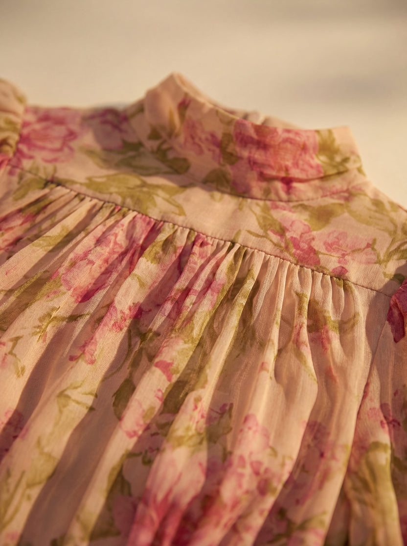 Rimina - Vestido Midi Floral de Cuello Alto y Mangas Abullonadas Con Bajo Con Volantes