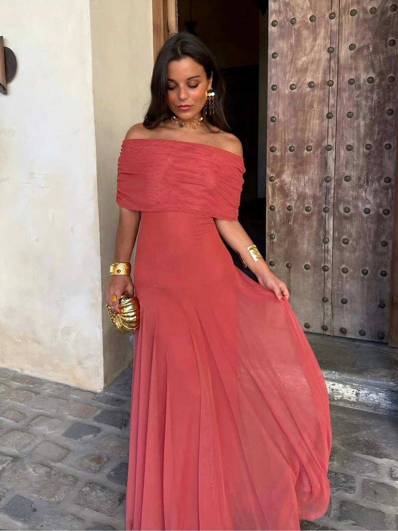 Dainia | Vestido largo con Hombros Descubiertos y bajo de Malla