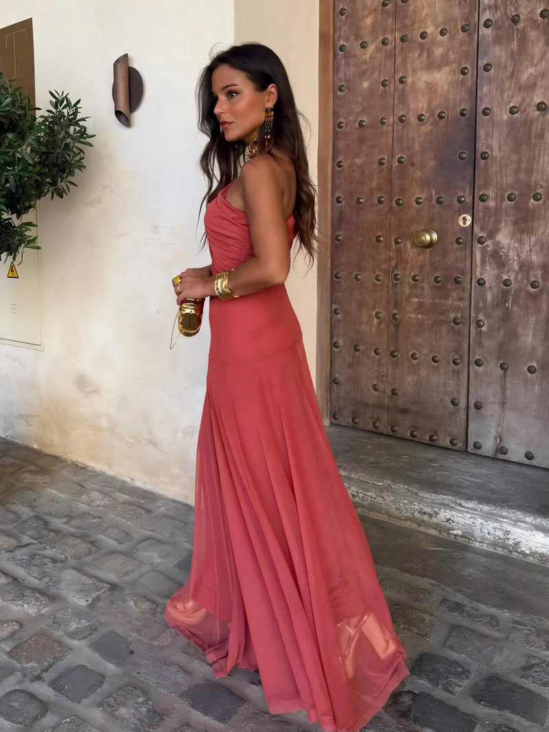 Dainia | Vestido largo con Hombros Descubiertos y bajo de Malla