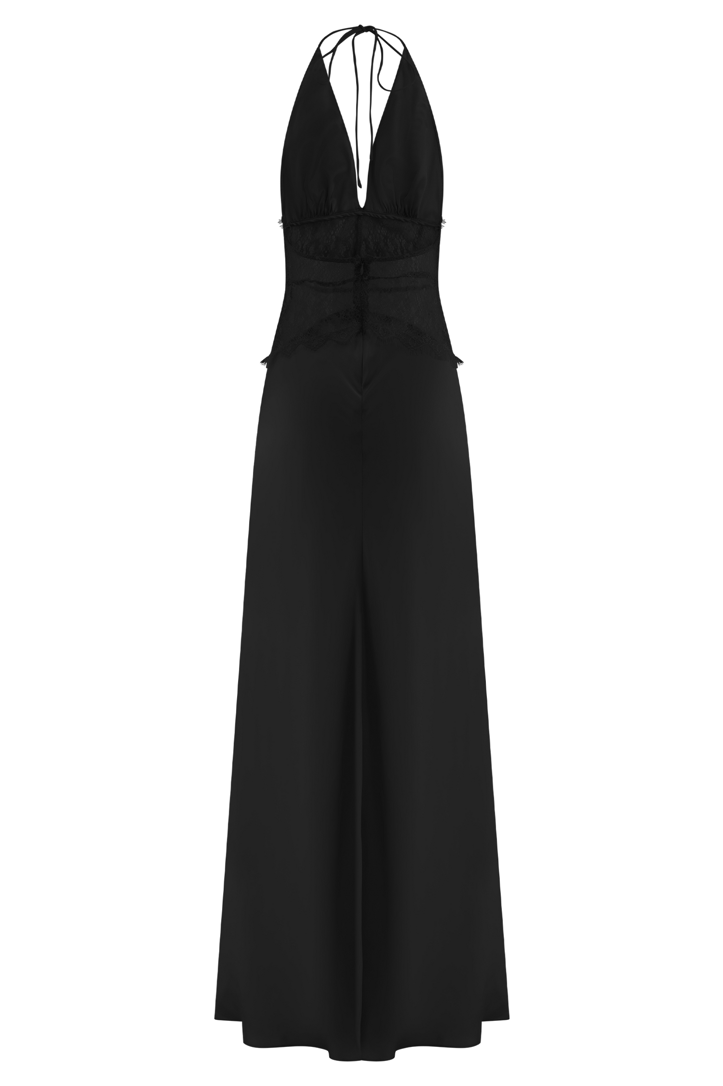 Mayreen | Vestido Largo de Satén Negro Con Cuello Halter y Encaje