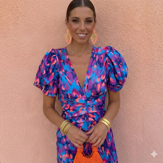 Nutta | Vestido Midi Estampado con Mangas Abullonadas