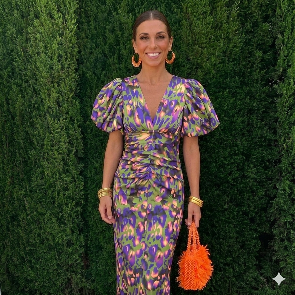 Nutta | Vestido Midi Estampado con Mangas Abullonadas
