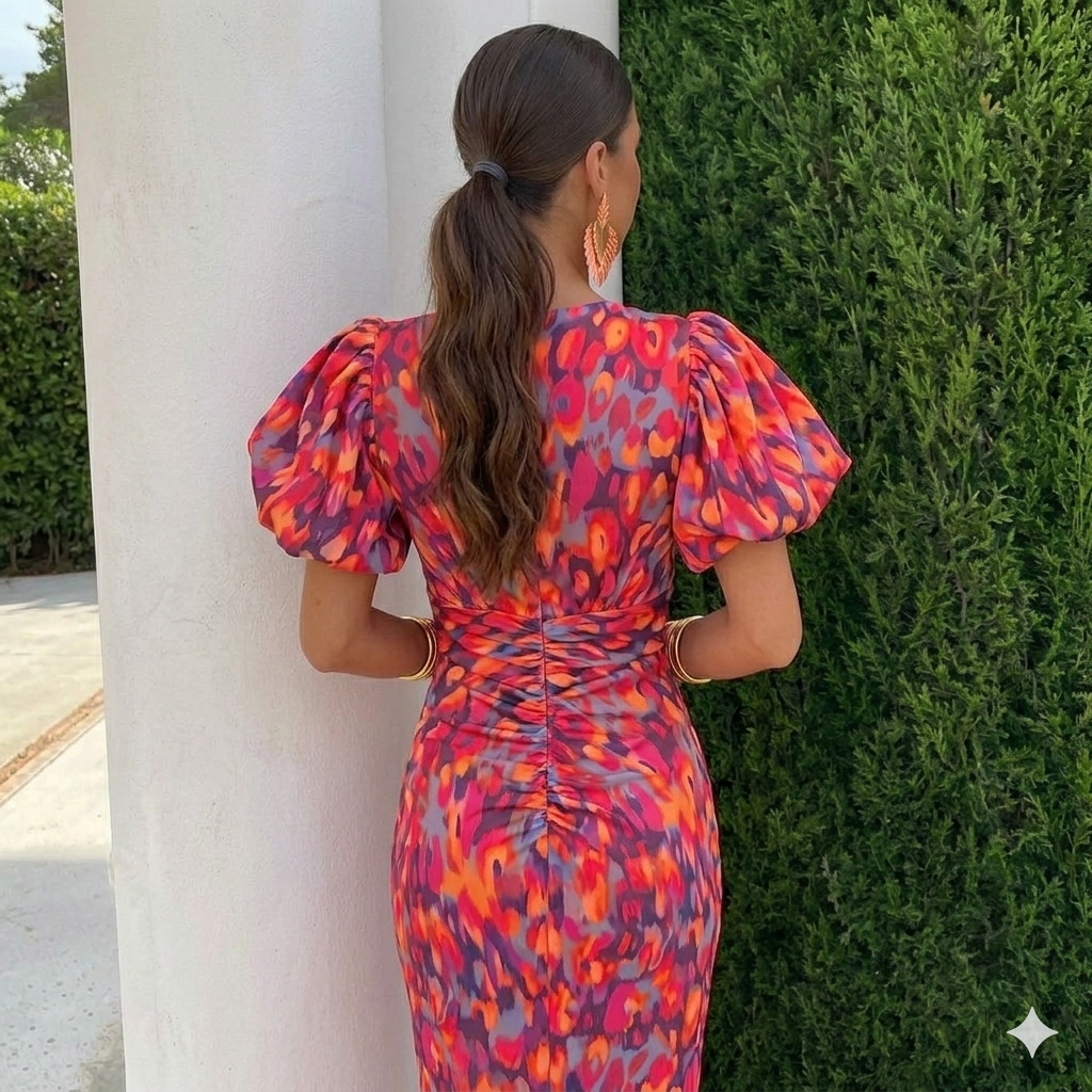 Nutta | Vestido Midi Estampado con Mangas Abullonadas