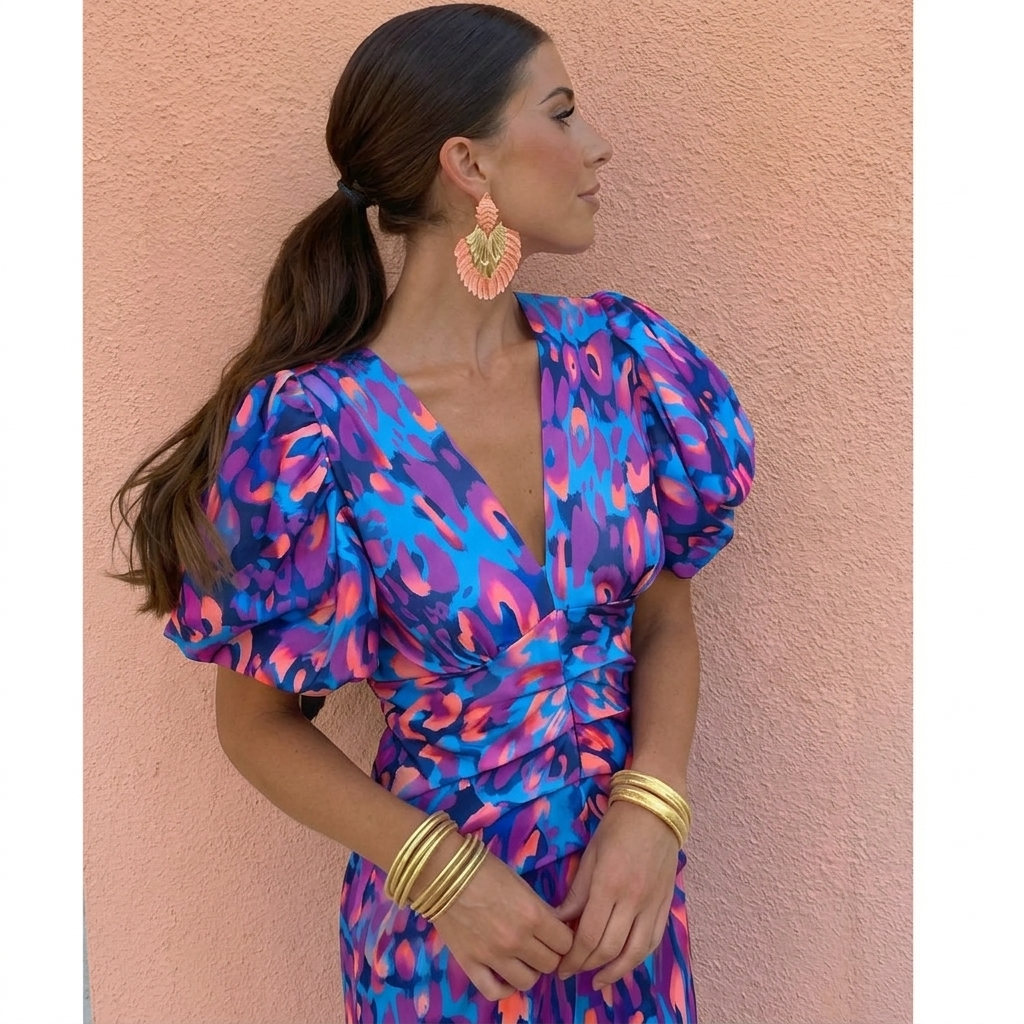 Nutta | Vestido Midi Estampado con Mangas Abullonadas