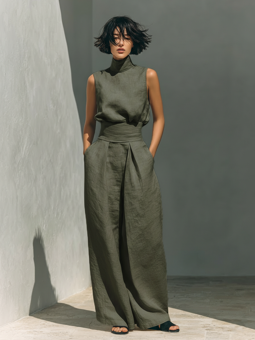 Vlatka - Conjunto Coordinado De Top Sin Mangas Con Cuello Alto Y Pantalones De Pierna Ancha