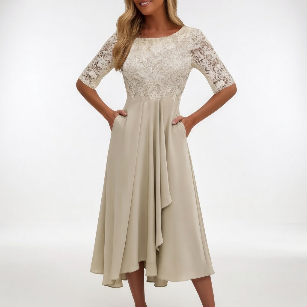 Zerda - Vestido Midi Con Corpiño de Encaje y Manga Media
