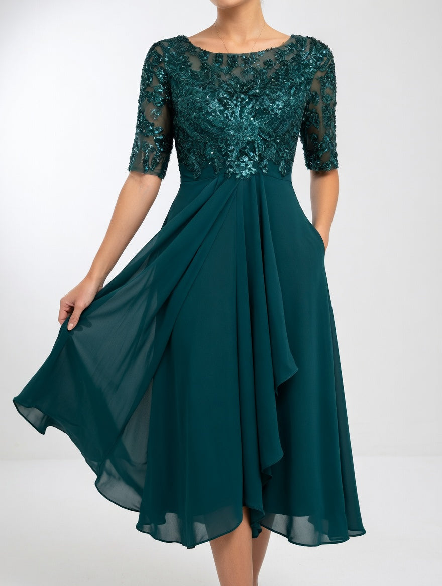 Zerda - Vestido Midi Con Corpiño de Encaje y Manga Media