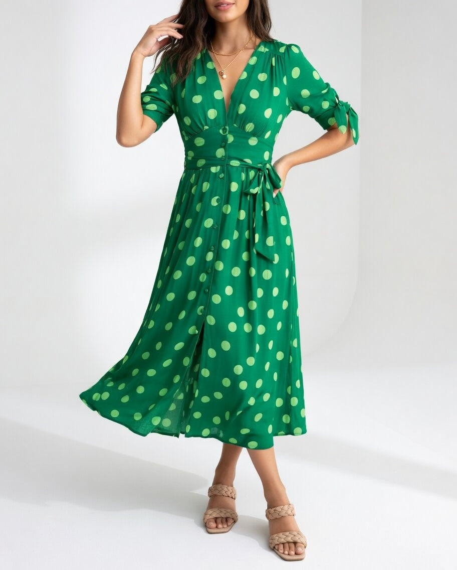 Fabienne | Vestido Midi Con Cuello en V Y Lunares